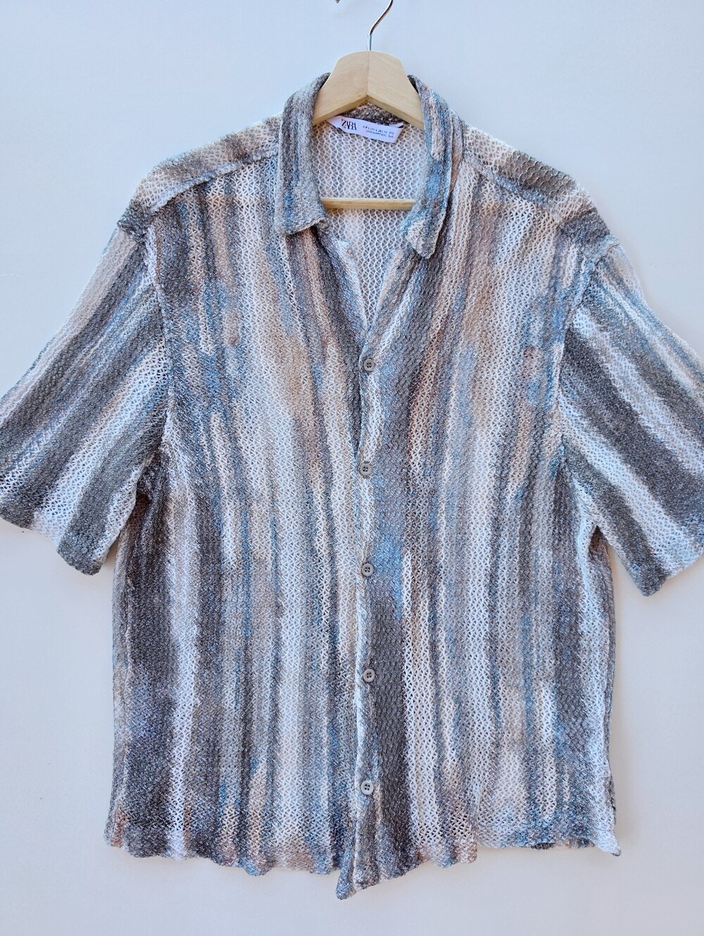 Zara Mens Cotton Open Knit Crochet Mesh Resort Shirt